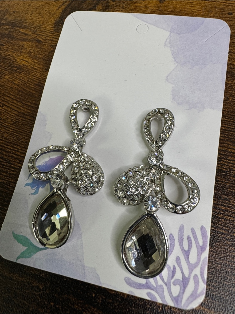 Silver Glass Crystal Teardrop Dangle Post Earrings